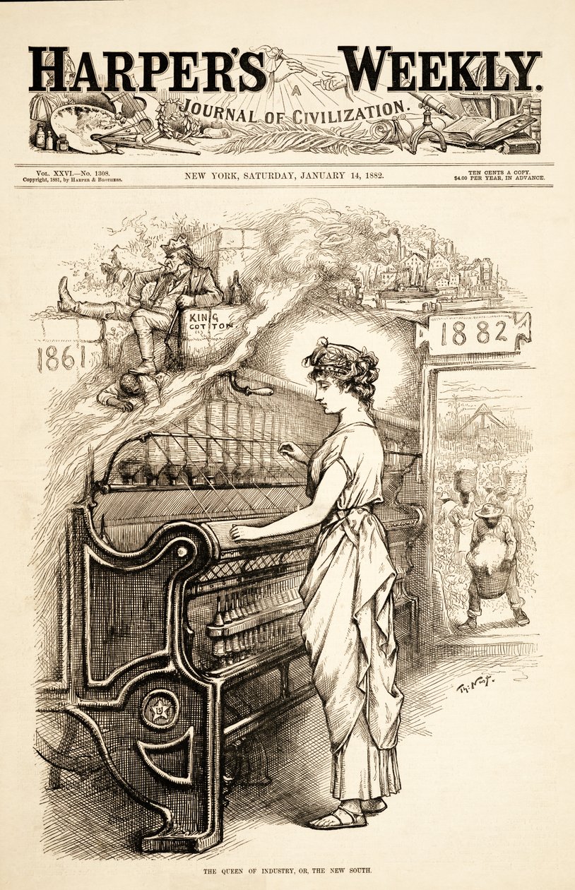 Endüstrinin Kraliçesi veya Yeni Güney, pub. 1882 by Thomas Nast