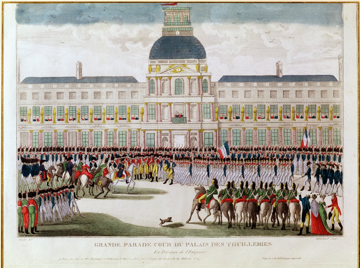Palais des Tuileries Avlusunda İmparatorun huzurunda, Blanchard tarafından kazınmış geçit töreni by Thomas Naudet