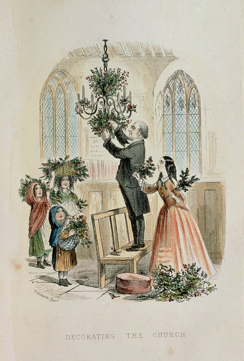Dickens'ın Noel Kitaplarından Sonra 'Yıldönümü: Bir Noel Hikayesi'nden Kiliseyi Süslemek by Thomas Onwhyn