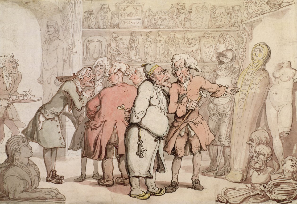A Grubu Antikacılar, c.1805 (kağıt üzerinde wc ile kalem ve mürekkep) by Thomas Rowlandson
