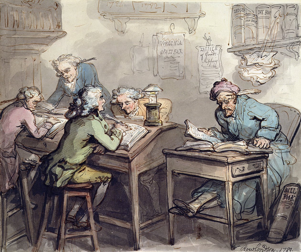 Bir Tüccar Ofisi, 1789 (kağıt üzerinde grafit üzerinde kalem ve mürekkep ve wc) by Thomas Rowlandson