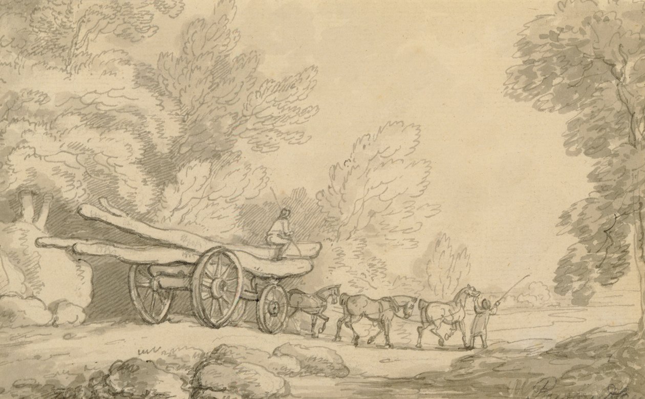 A Timber Wagon, c.1790 (kağıt üzerinde grafit üzerinde yıkama ile kalem ve mürekkep) by Thomas Rowlandson