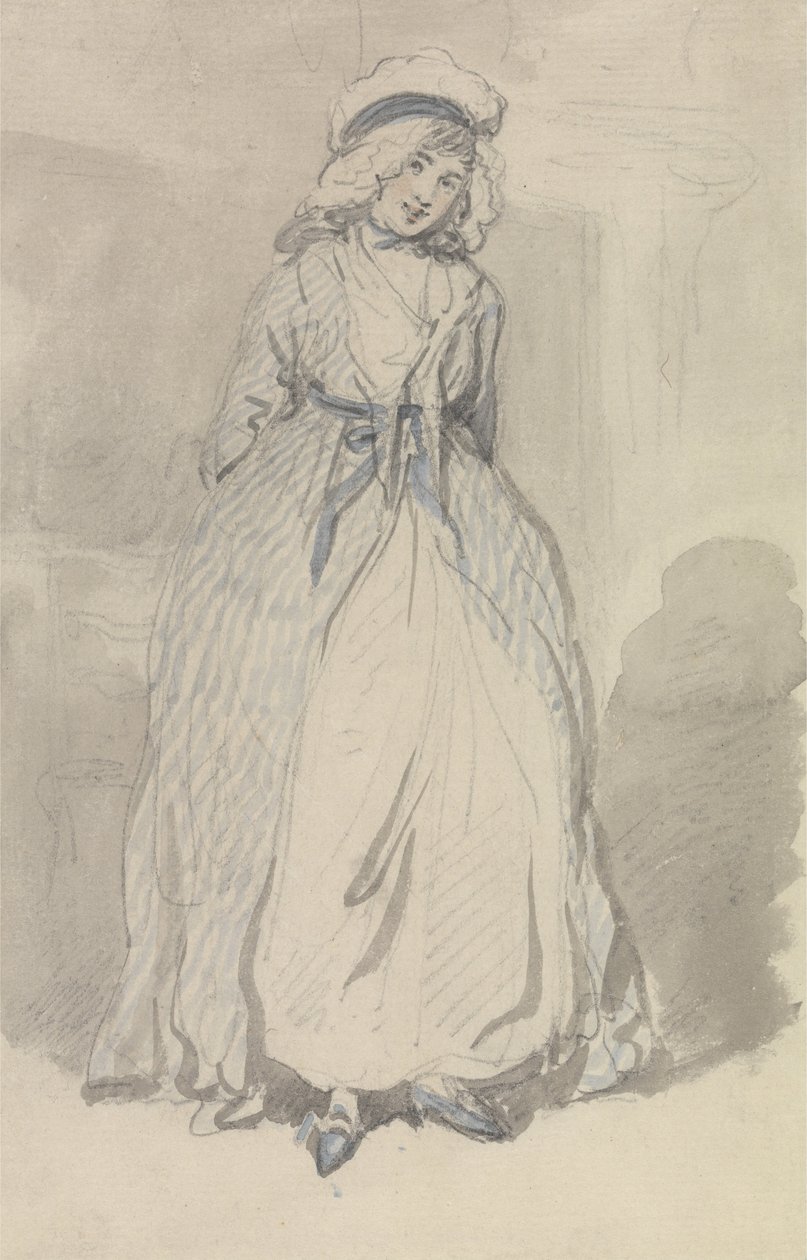Mavi Çizgili Elbiseli Genç Bir Kadın by Thomas Rowlandson