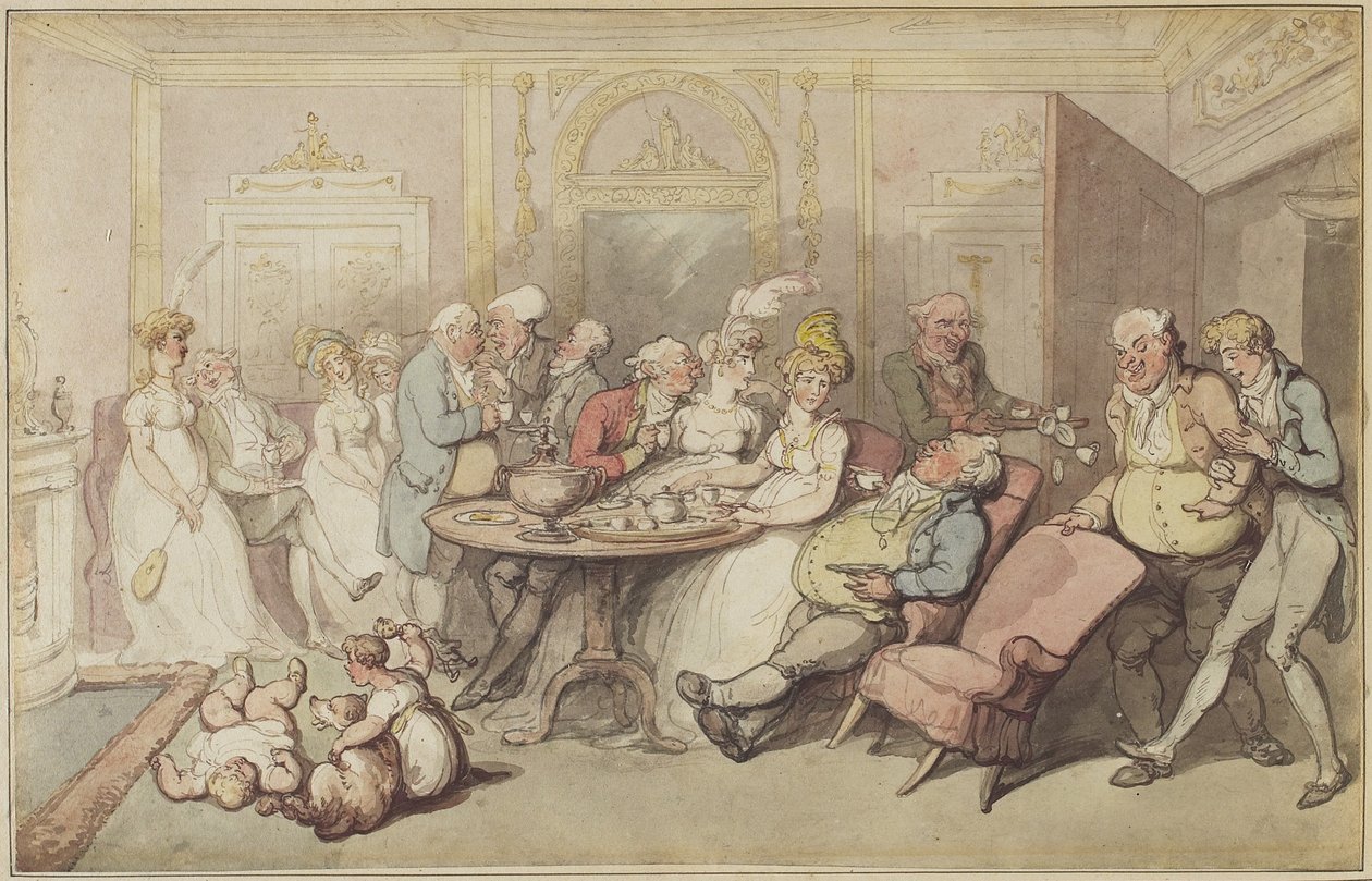 Akşam yemeğinden sonra, c.1805 (kalem ve kahverengi, vermilyon ve gri mürekkep ve elle çizilmiş kenarlıklı orijinal montaj üzerine dokuma kağıt üzerine grafit üzeri klozet) by Thomas Rowlandson