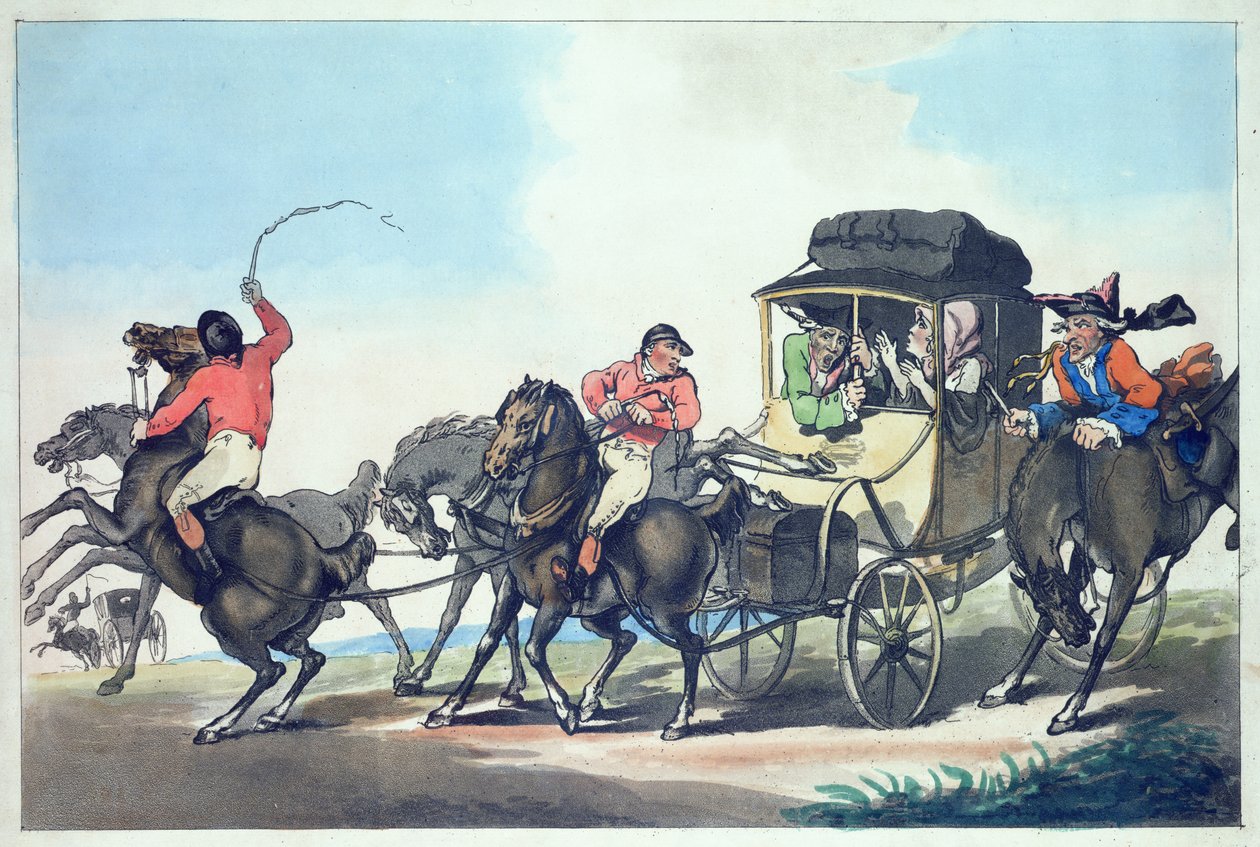 English Travelling veya The First Stage from Dover, Francis Jukes (1747-1812), pub. T. Smith, 1785 (aquatint ile renkli gravür) (125734 çifti) by Thomas Rowlandson