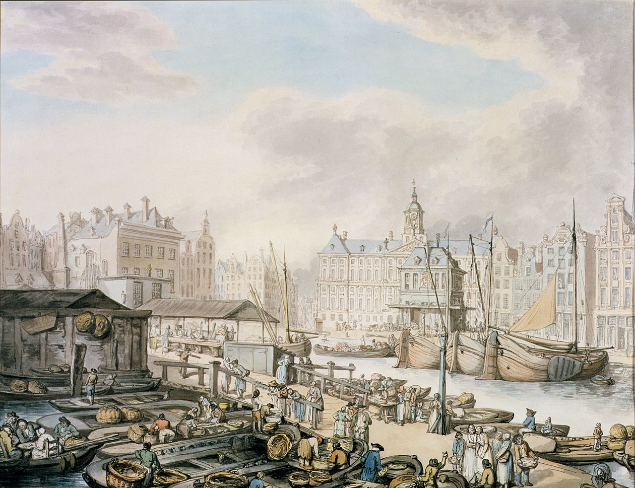 Feyge Barajı ve Balık Pazarı Kısmı, Amsterdam, c.1794 (kağıt üzerinde wc ile kalem ve mürekkep) by Thomas Rowlandson