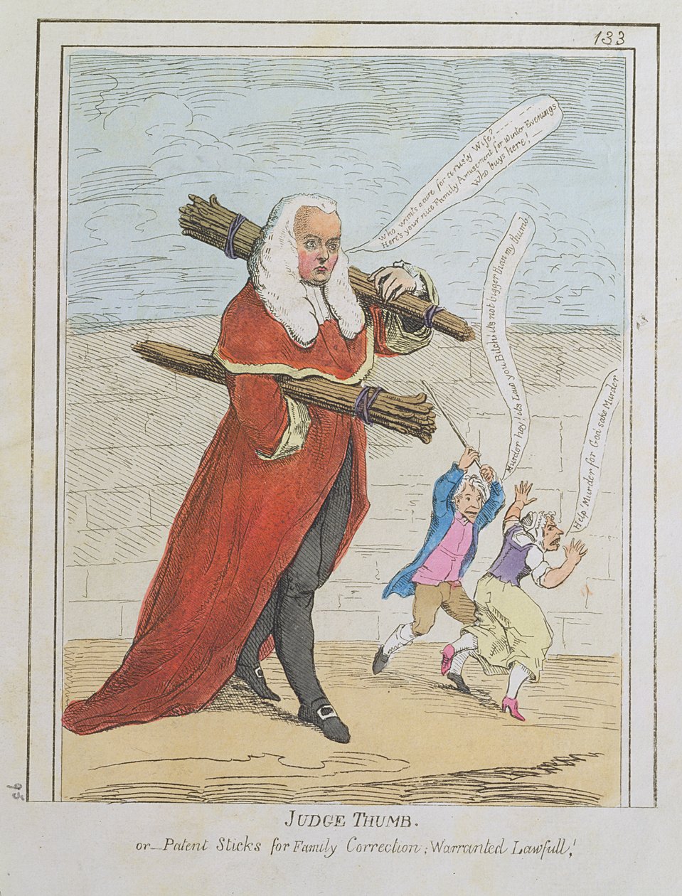 ನ್ಯಾಯಾಧೀಶ ಹೆಬ್ಬೆರಳು - ಅಥವಾ ಕುಟುಂಬ ತಿದ್ದುಪಡಿಗಾಗಿ ಪೇಟೆಂಟ್ ಸ್ಟಿಕ್ಗಳು; ವಾರೆಂಟೆಡ್ ಲಾಫುಲ್, ನ್ಯಾಯಾಧೀಶ ಬಟ್ಲರ್‌ನ ಕಾರ್ಟೂನ್, ರೋಲ್ಯಾಂಡ್‌ಸನ್‌ನ ಕ್ಯಾರಿಕೇಚರ್ ಮ್ಯಾಗಜೀನ್, ಸಂಪುಟ. II, ಪಬ್. ಥಾಮಸ್ ಟೆಗ್ ಮೂಲಕ, c.1782 (ಮುದ್ರಣ) turk by Thomas Rowlandson