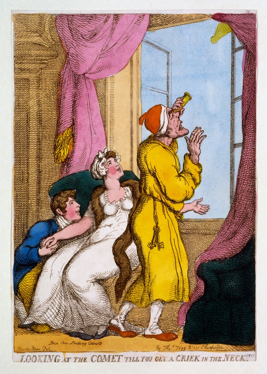Boyunda bir Criek görene kadar Kuyruklu Yıldıza bakmak, 1811 (el boyaması gravür) by Thomas Rowlandson