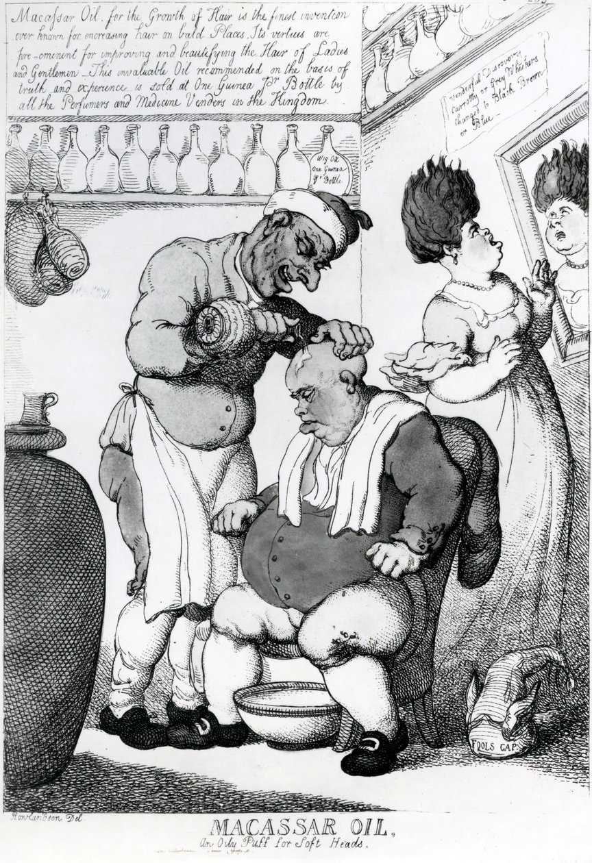 Massacar Oil, yumuşak kafalar için yağlı bir puf, 1814 by Thomas Rowlandson