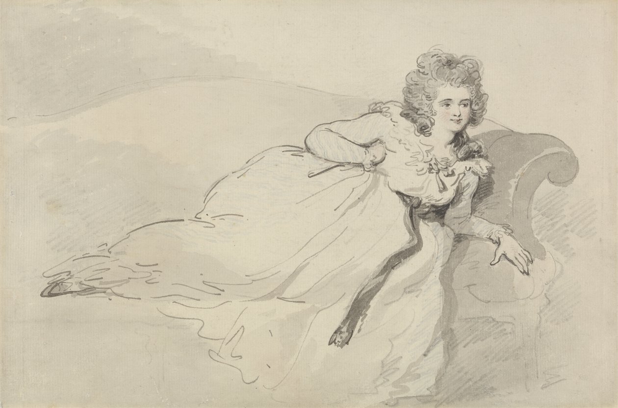 Bayan Abington, bir kanepeye uzanmış (kalem, grafit ve kağıt üzerinde klozet) by Thomas Rowlandson