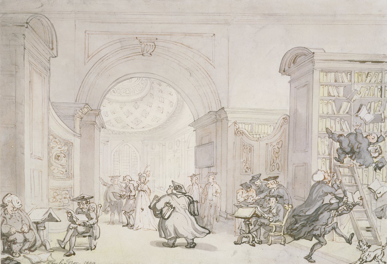 No.0613 The West Room and the Dome Room of Old University Library, Cambridge, 1800 (kalem, mürekkep ve tuvalet) by Thomas Rowlandson
