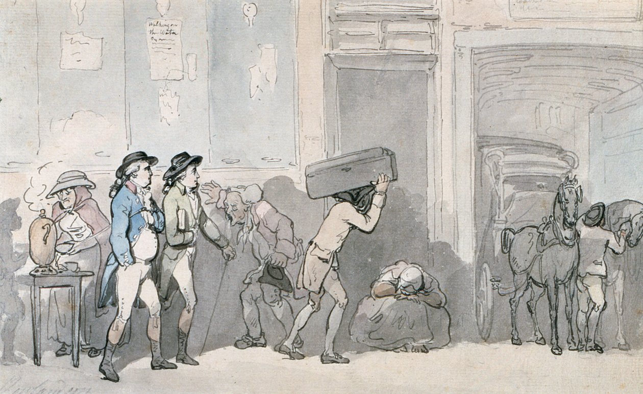 Rowlandson ve Wigstead (1745-93) Bir Hana Varış (kalem ve gri mürekkep ve kağıt üzerinde wc) by Thomas Rowlandson