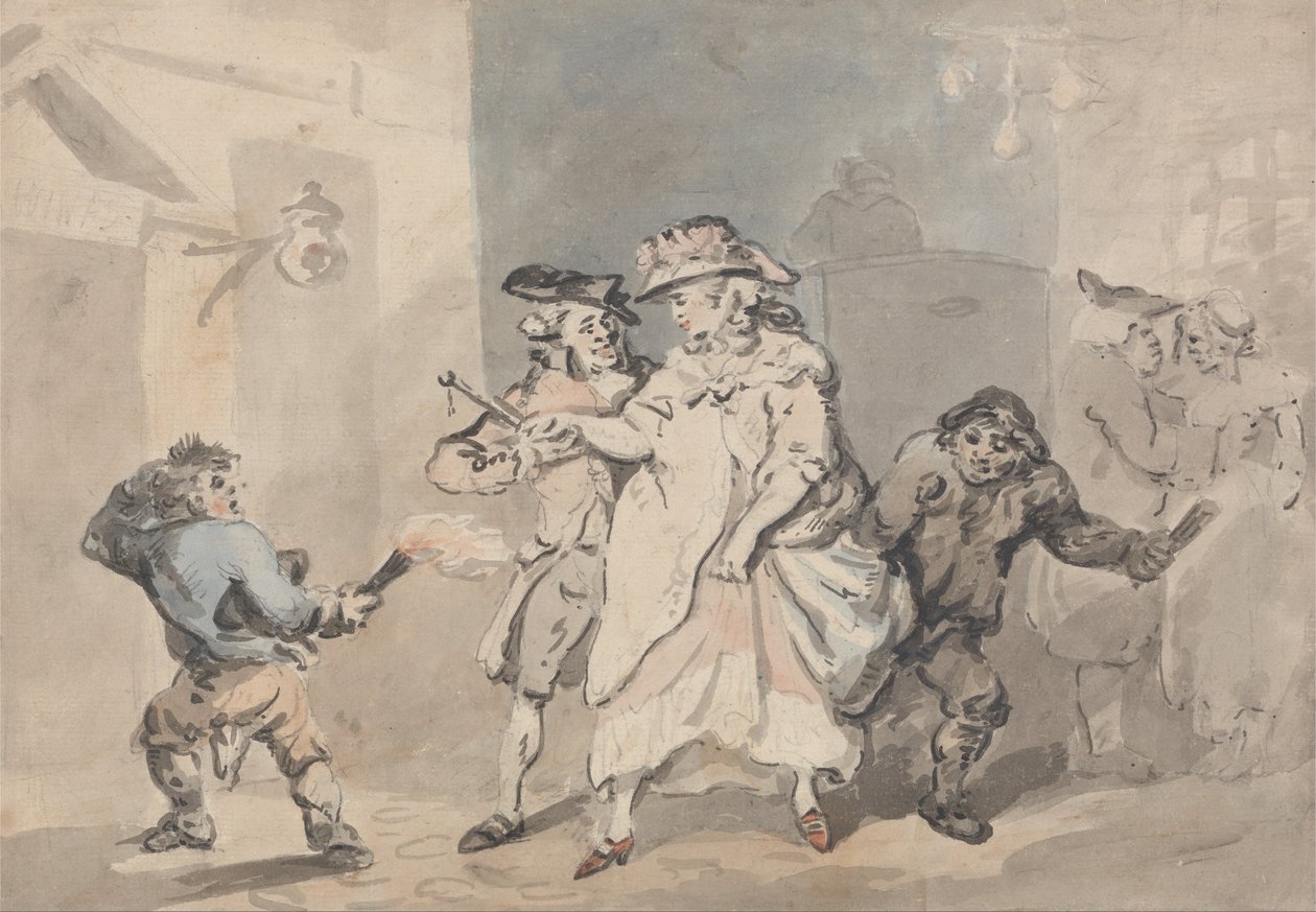 Han Kapısı (Soldaki bir kapıya iki bağlantı çocuğu tarafından eşlik edilen bir adam) by Thomas Rowlandson