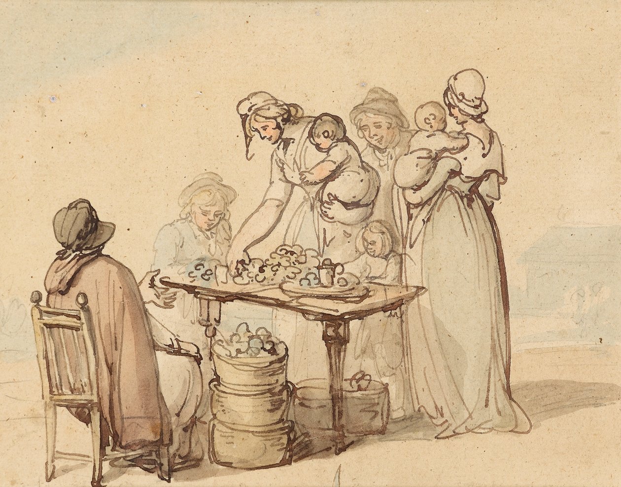 İstiridye Tezgahı (kağıt üzerinde yıkanmış kalem ve kahverengi mürekkep) by Thomas Rowlandson