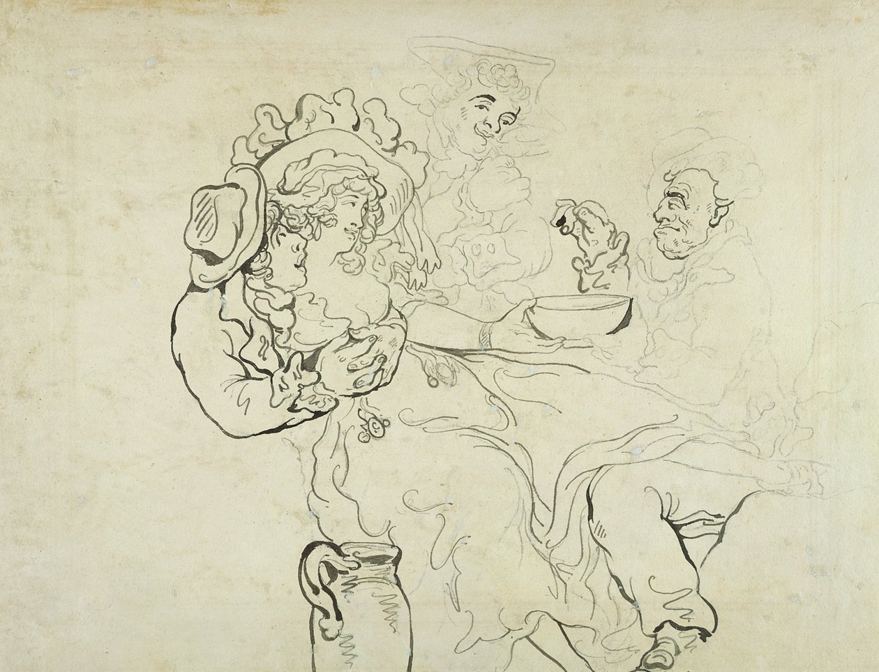 Üç erkek ve bir kadın içiyor (kağıt üzerinde kalem ve mürekkep ve tuvalet) by Thomas Rowlandson