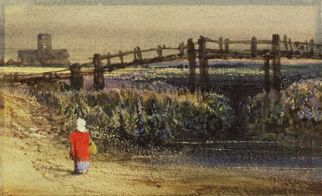 The Footbridge (Landscape with Red Cloak) (wc and gum arabic on paper) by Thomas Shotter Boys