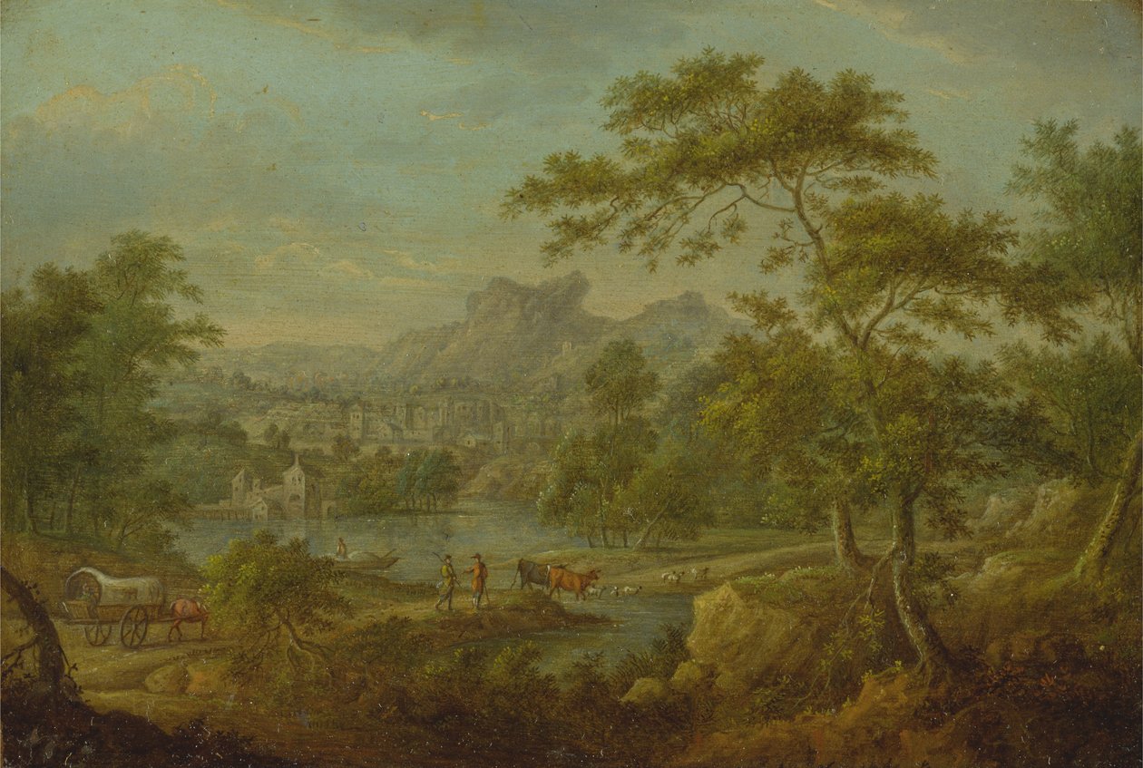 Vagonlu Hayali Bir Manzara ve Bir Kasabanın Uzaktan Görünüşü by Thomas Smith of Derby