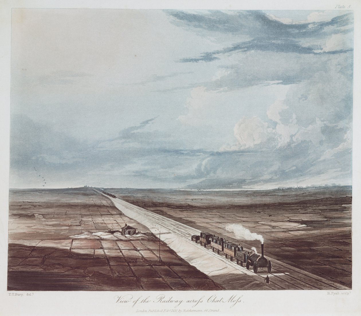 Henry Pyall (1795-1833) 1831 (renkli aqautint) tarafından oyulmuş Chat Moss Boyunca Demiryolu Görünümü by Thomas Talbot after Bury