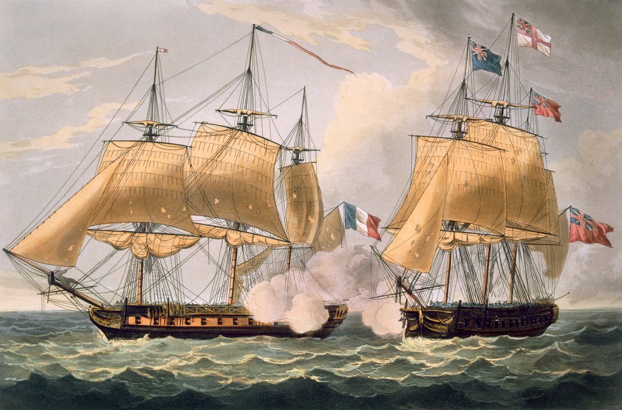 The Capture of La Clorinde, 26 Şubat 1814, Thomas Sutherland tarafından J. Jenkins'in 'Naval Achievements' için oyulmuş, 1816 (renkli gravür) by Thomas Whitcombe