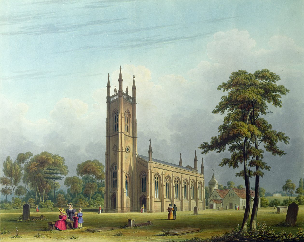 Aziz Nikolaos kilisesinin güneybatı görünümü, Lower Tooting by Thomas Witlam Atkinson