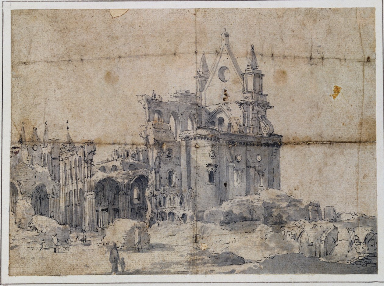 Aziz Paul Katedrali Harabeleri, c.1673 (kalem ve mürekkep) by Thomas Wyck