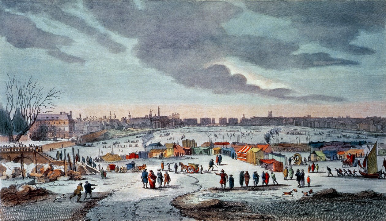 James Stow (1770-c.1820), pub tarafından 1683-84 yıllarında Tapınak Merdivenleri yakınında Thames Nehri üzerinde Frost Fuarı. 1825, Robert Wilkinson (renkli baskı) by Thomas Wyke