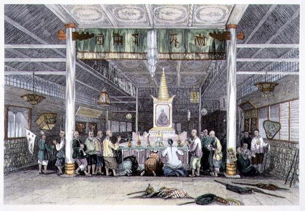 Buda Tapınağı, Kanton, George Newenham Wright (c.1790-1877) 1843 (renkli gravür) by Thomas (after) Allom