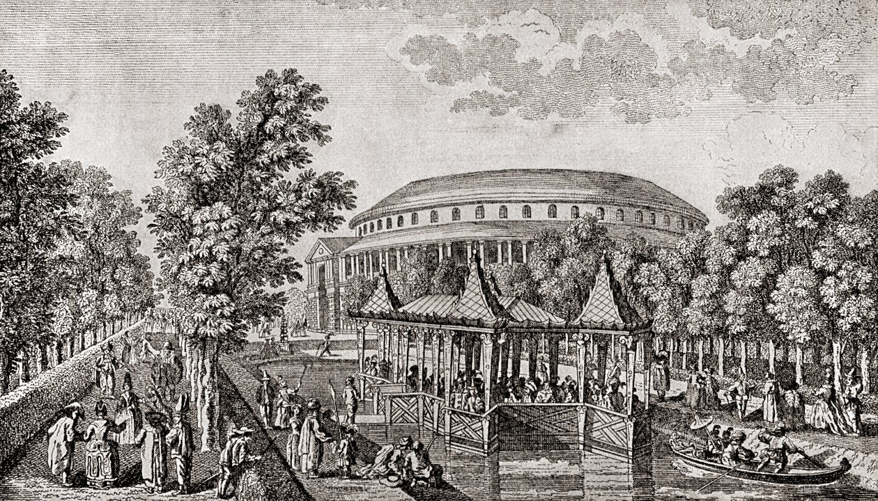 Ranelagh Bahçeleri, Chelsea, Londra, İngiltere. Ranelagh Bahçeleri'ndeki Rotunda'nın dışı, "Çin Evi" ve arazinin bir kısmı, Thomas Bowles'ın gravüründen sonra by Thomas (after) Bowles