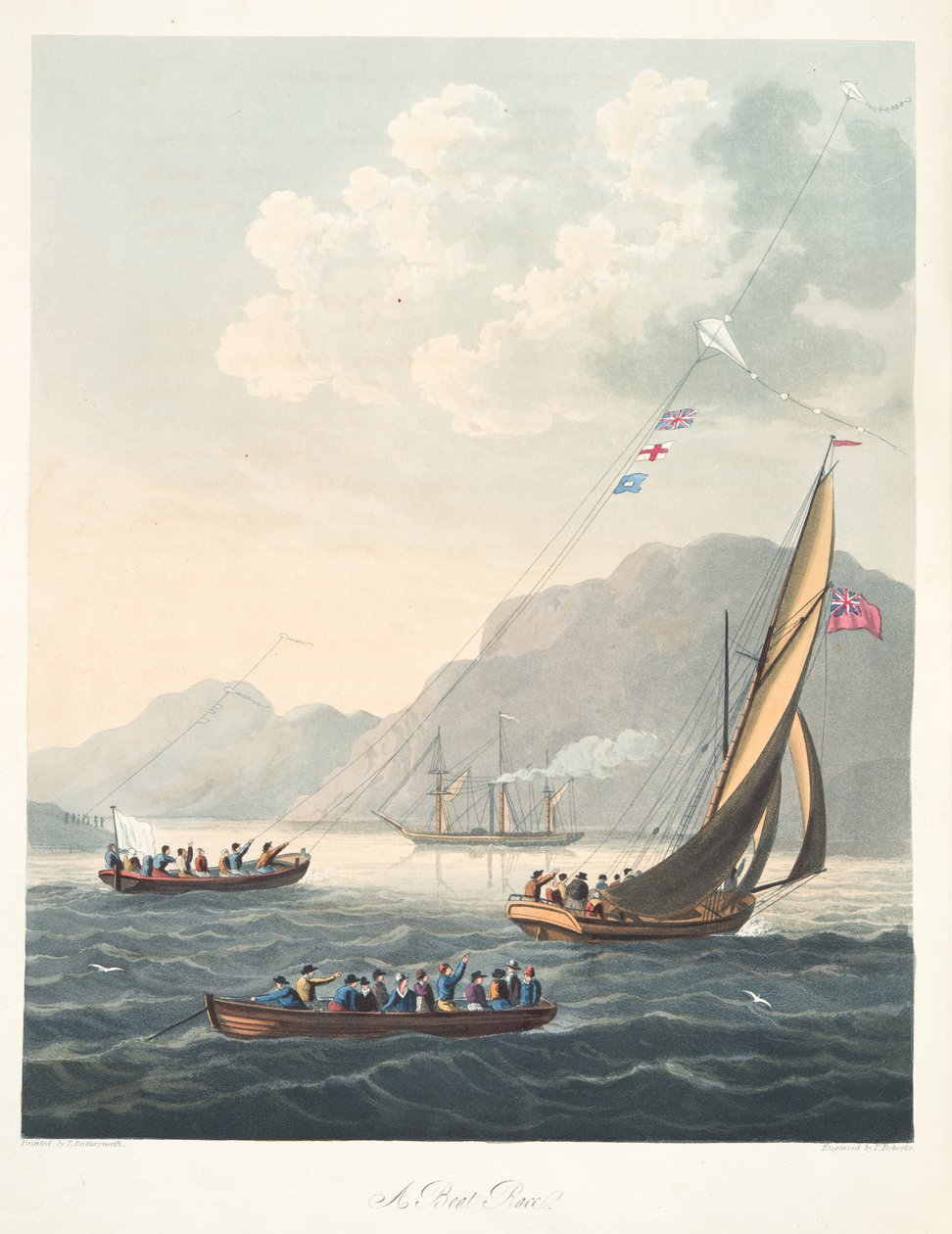 Bir Tekne Yarışı, "The Aeropleustic Art, or Navigation by the Use of Kites or Buoyant Sails, yayın. 1827 (el renkli aquatint) by Thomas (after) Butterworth