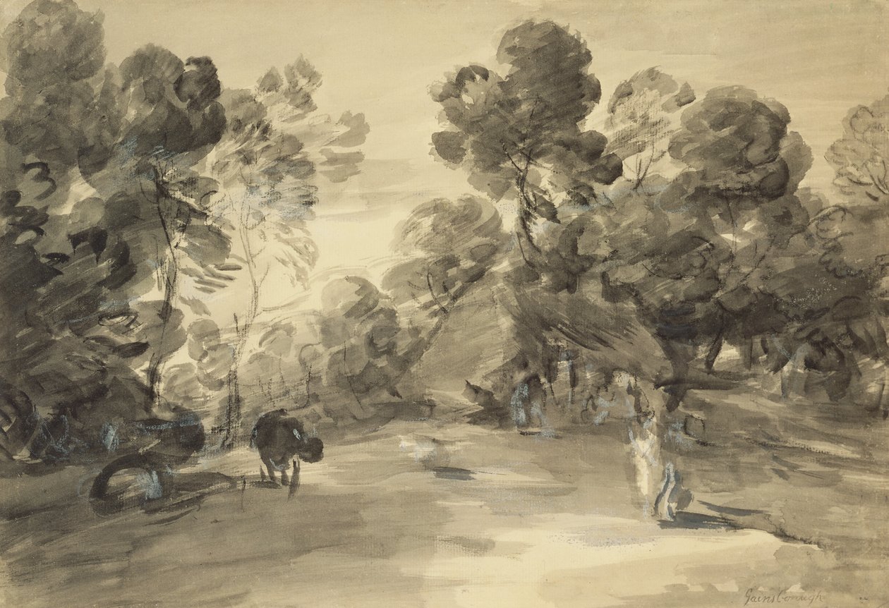 Figürler, kulübe ve inek ile ormanlık manzara, c.1785 (kağıt üzerine guaj boya ile yıkayın ve tebeşirle) by Thomas (after) Gainsborough