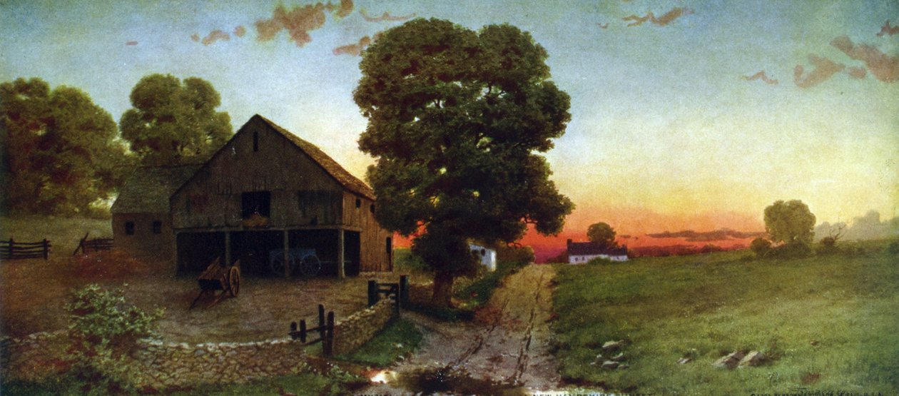 Bir New Hampshire Gün Batımı', c1910. Thomas Moran'dan (1837-1926) sonra İngiliz asıllı Amerikalı sanatçı. Amerika Birleşik Devletleri Manzara Mera Parça Çiftlik Avlusu Ahır Sepeti Ağaç Gökyüzü Akşam by Thomas (after) Moran