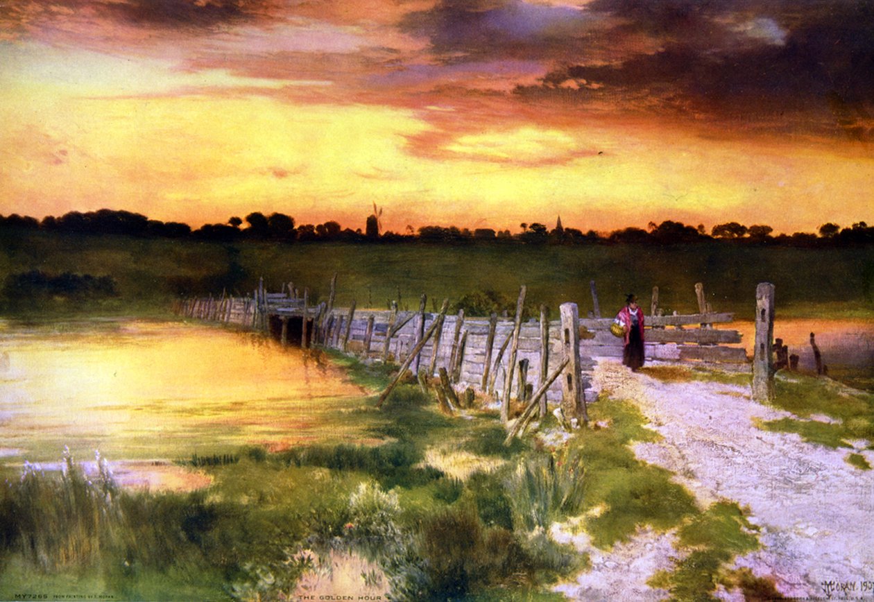 Altın Saat', c1912. Thomas Moran'dan (1837-1926) sonra İngiliz asıllı Amerikalı sanatçı. Manzara Gün Batımı Akşam Irmak Yol Köprü Ahşap Huzur Huzur by Thomas (after) Moran