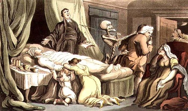"İngiliz Ölüm Dansı" barından "Erdem'in Gözlerinde Böyle Kutsanmış Bir Sahne Yok/Erdemli Adamın Öldüğü Gibi". Rudolph Ackermann (1764-1834) 1814 (aquatint) tarafından by Thomas (after) Rowlandson