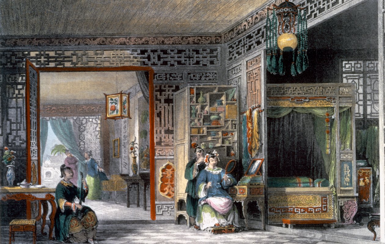 Bir kadının yatak odası ve yatak odası, Çin, 1843 by Thomas Allom