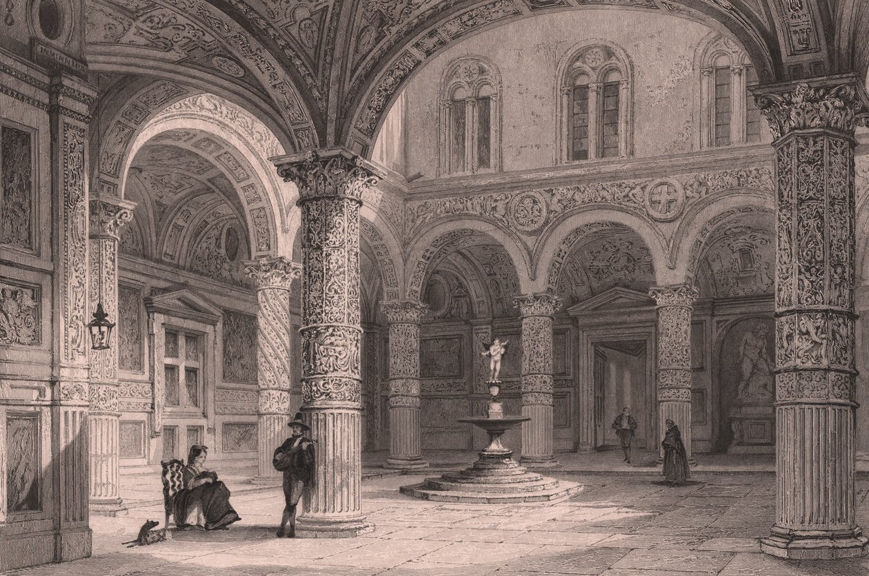 Floransa, Toskana, İtalya'daki Palazzo Vecchio Avlusu, Thomas Allom (1804-1872) tarafından çizildikten sonra James Tingle tarafından yapılan çelik gravür (1830-1860 dolaylarında aktif), yaklaşık 21x15 cm by Thomas Allom