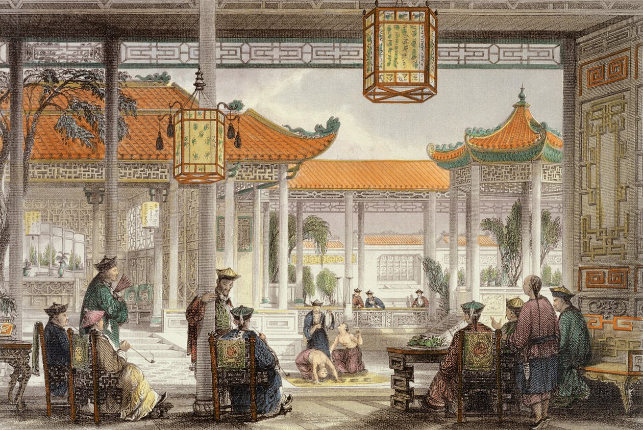 Bir Mandarin Sarayının Avlusunda Sergilenen Hokkabazlar, George Newenham Wright (c.1790-1877) 1843 tarafından 