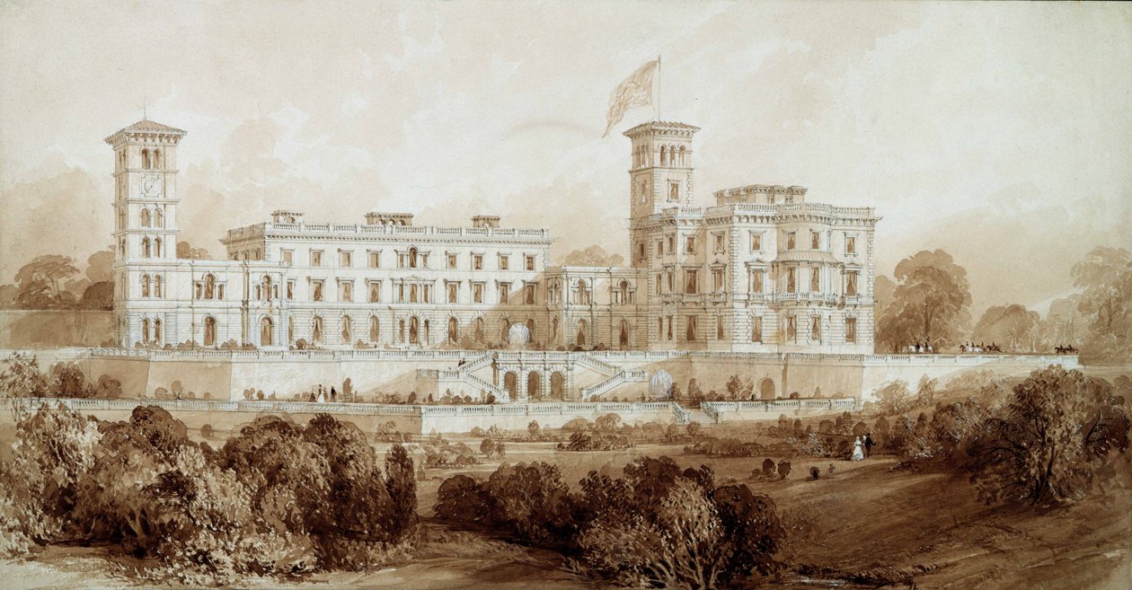 Osborne House, Wight Adası (kalem ve kahverengi yıkama) by Thomas Allom