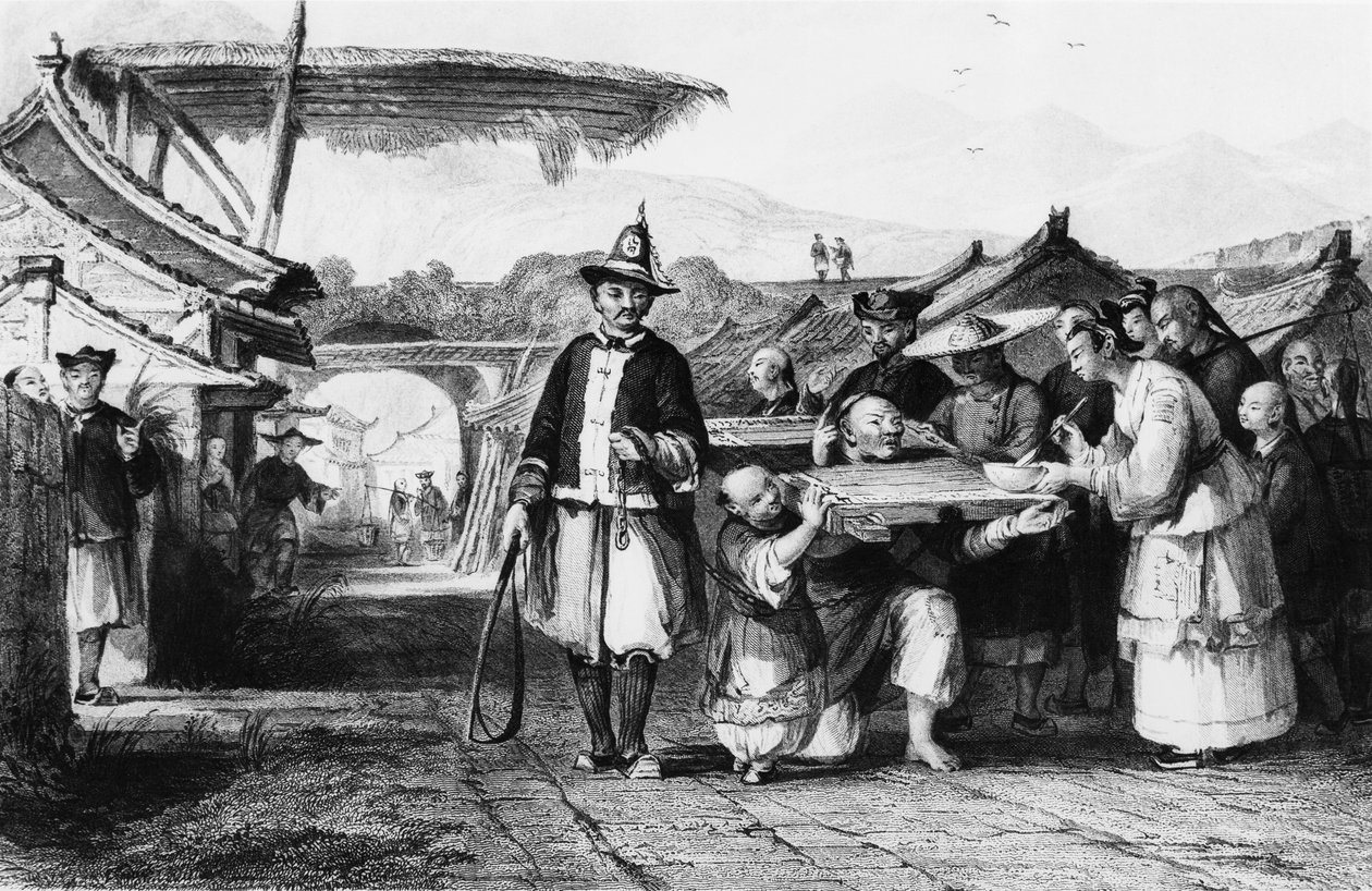 Çin İmparatorluğu'ndan Thomas Allom'un (1804-1872) gravürü tcha veya cangue (tahta boyunduruk veya boyunduruk) kullanılarak cezalandırma by Thomas Allom