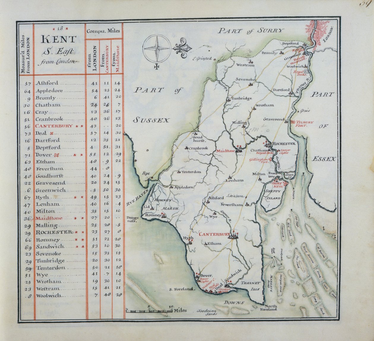 Kent, levha 39r, A Complete Set of England and Wales in General..., 1724 (kağıt üzerinde kalem & mürekkep ve wc) by Thomas Badeslade