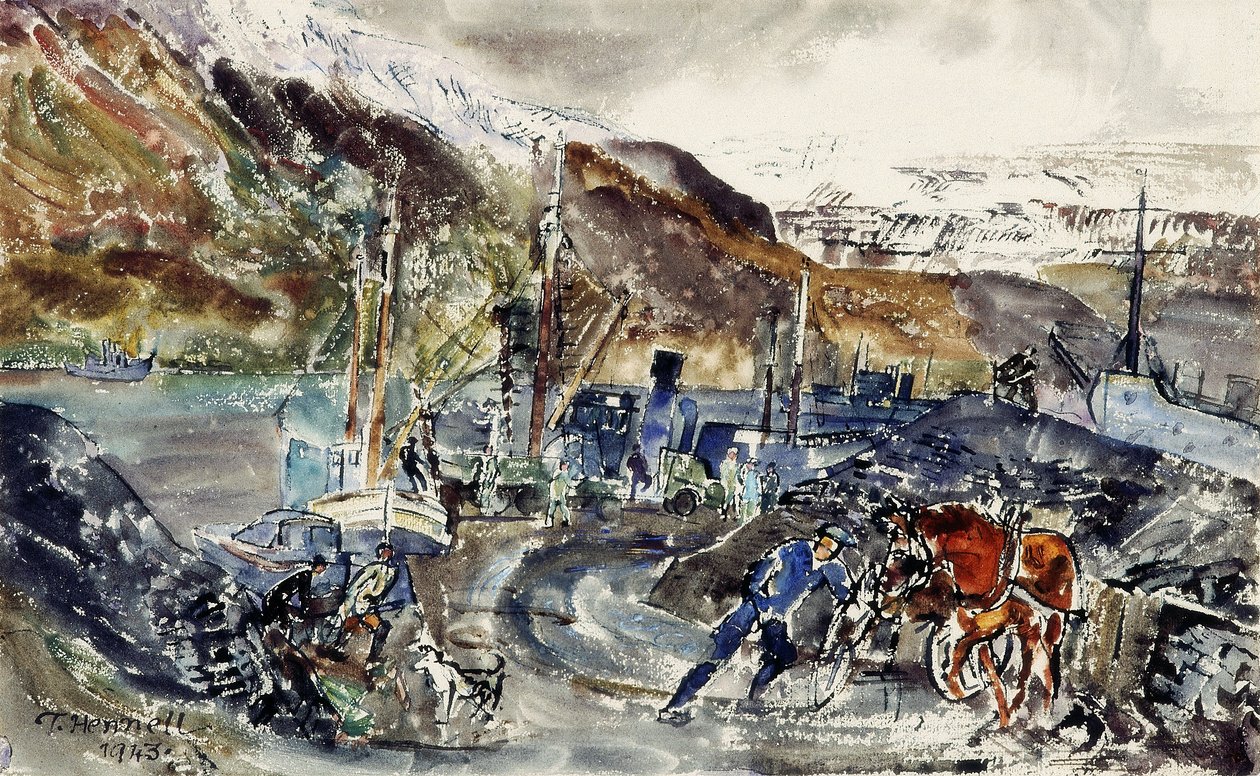 Yerel Kömür Arabası ve Trol Gemileri, Seydisfjordur, İzlanda (kağıt üzerine sulu boya) by Thomas Barclay Hennell