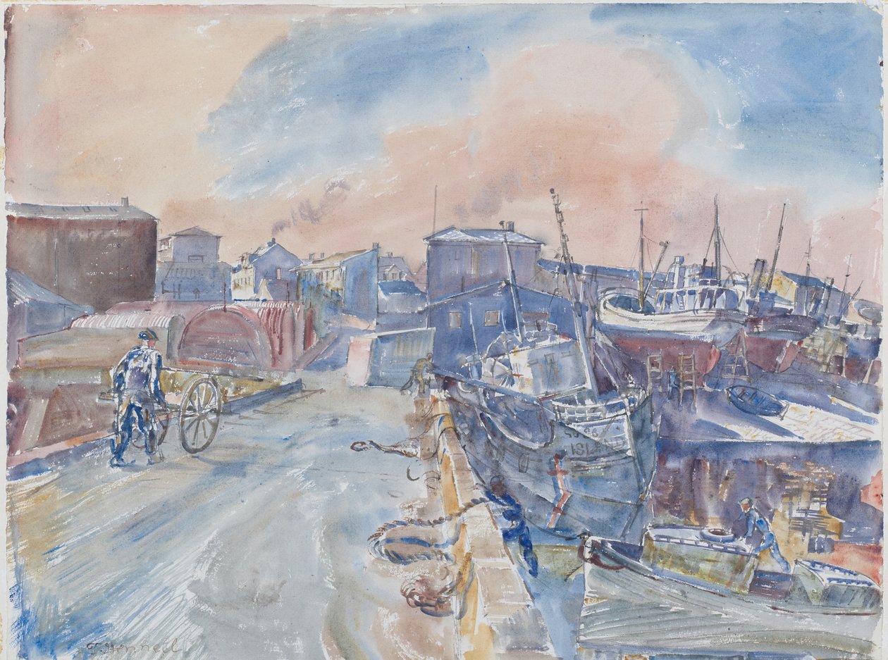 Reykjavik From Main Quay, Frosty Morning, İzlanda, 1930 dolayları (kağıt üzerine suluboya ve kurşun kalem) by Thomas Barclay Hennell