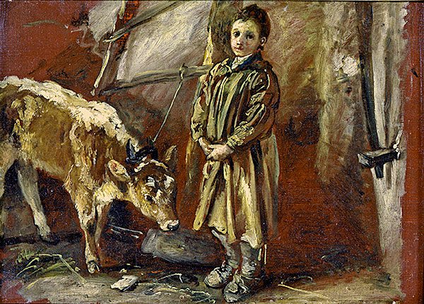 Bağlı buzağılı çocuk (tuval üzerine yağlı boya) by Thomas Barker