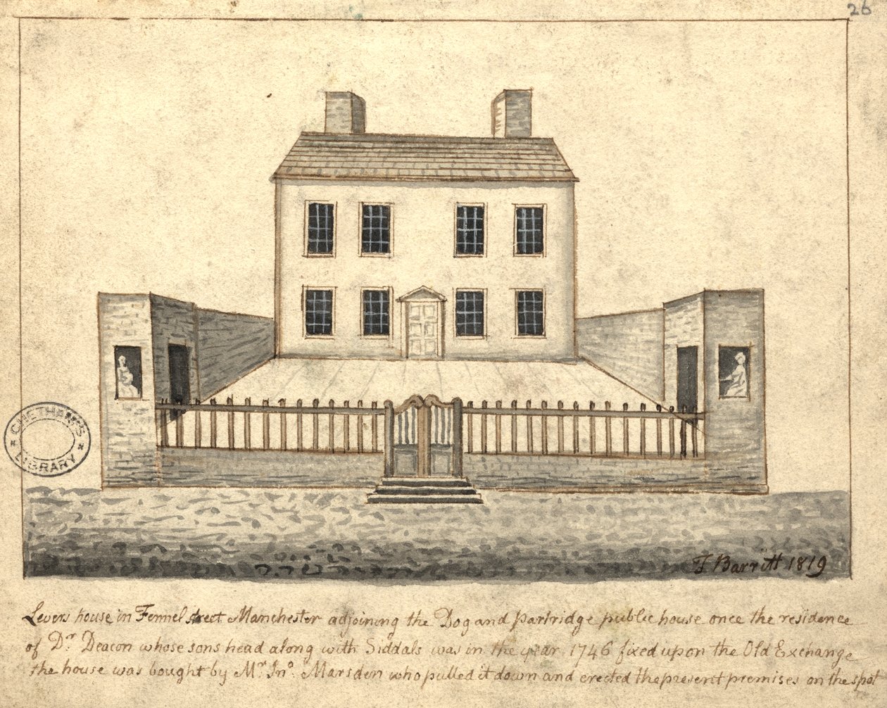Levers House, Manchester, 1819 (kalem ve mürekkep ve kağıt üzerinde yıkama) by Thomas Barritt