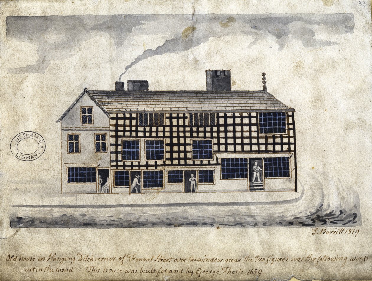 Asılı Hendekte Eski Ev, Manchester, 1819 (kalem ve mürekkep ve kağıt üzerinde yıkama) by Thomas Barritt
