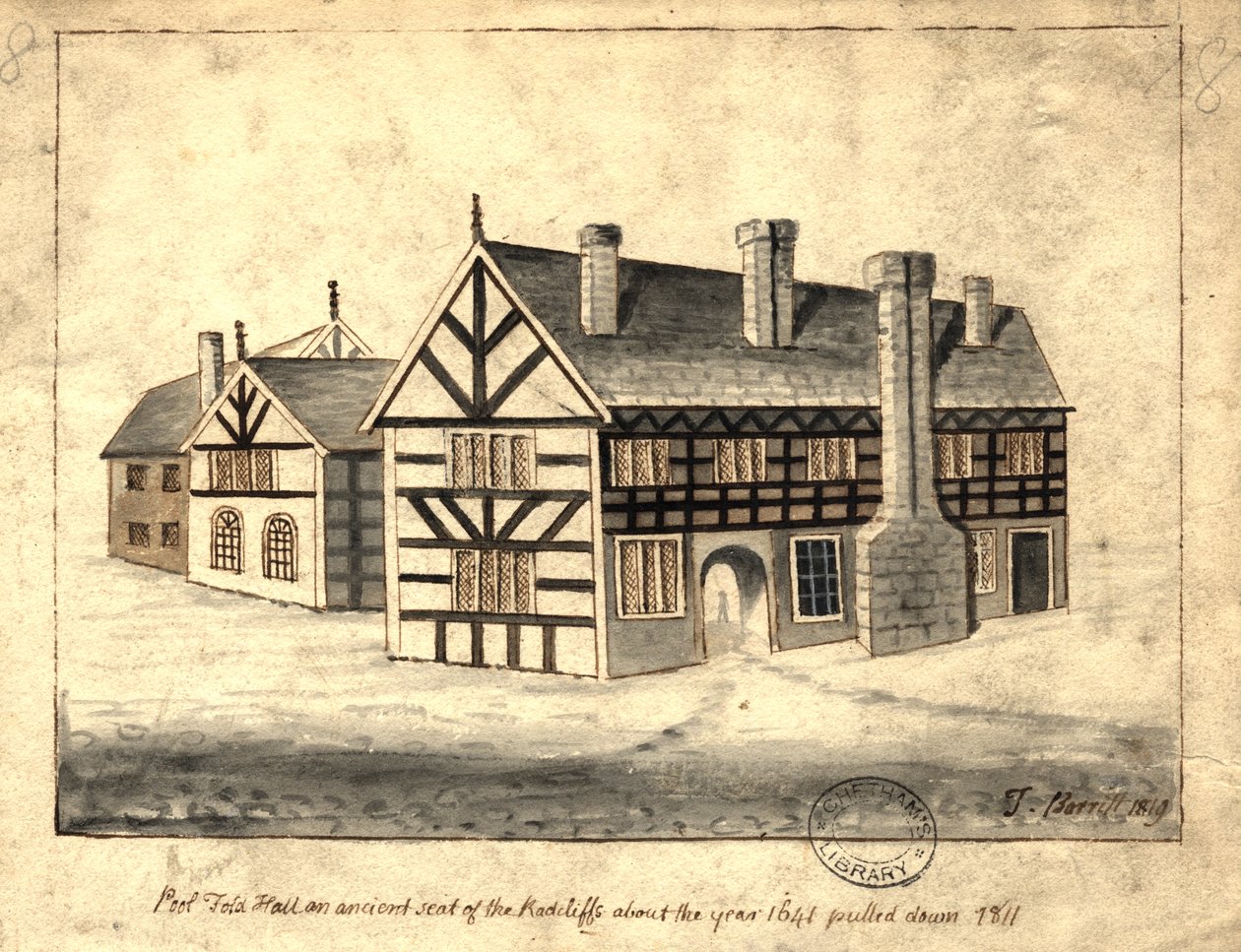 Pool Fold Hall, Manchester, 1819 (kalem ve mürekkep ve kağıt üzerinde yıkama) by Thomas Barritt
