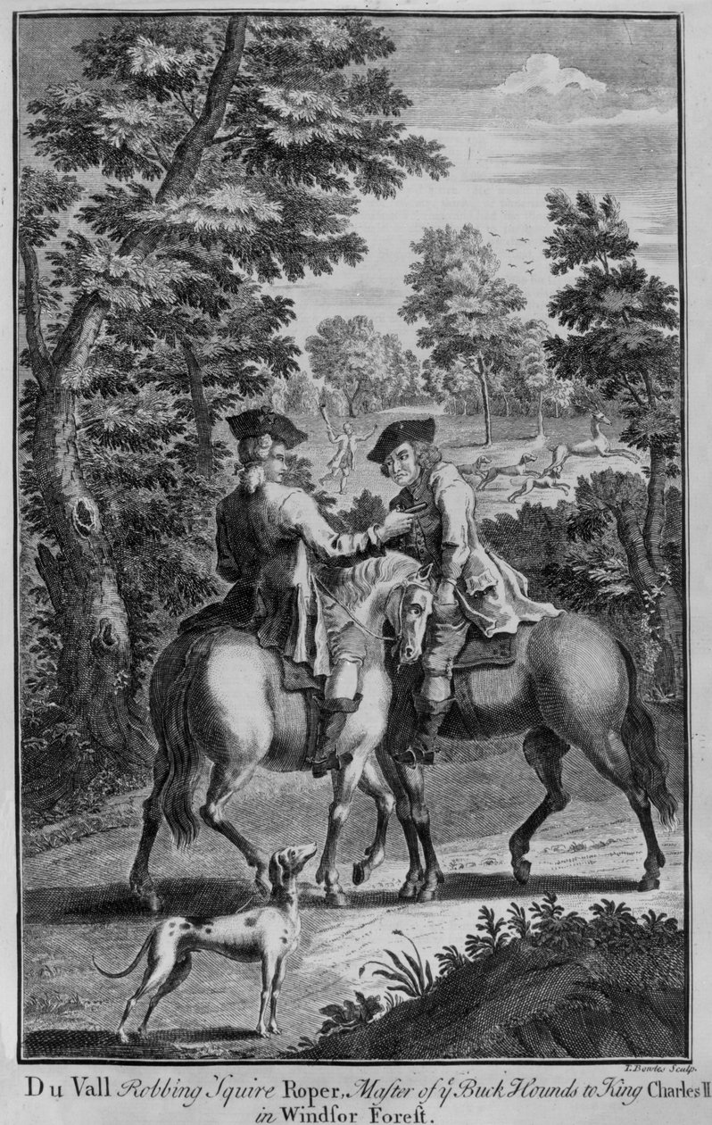 Claude Duval robbing Squire Roper, Master of the Buckhounds to King Charles II, in Windsor Forest  by Thomas Bowles