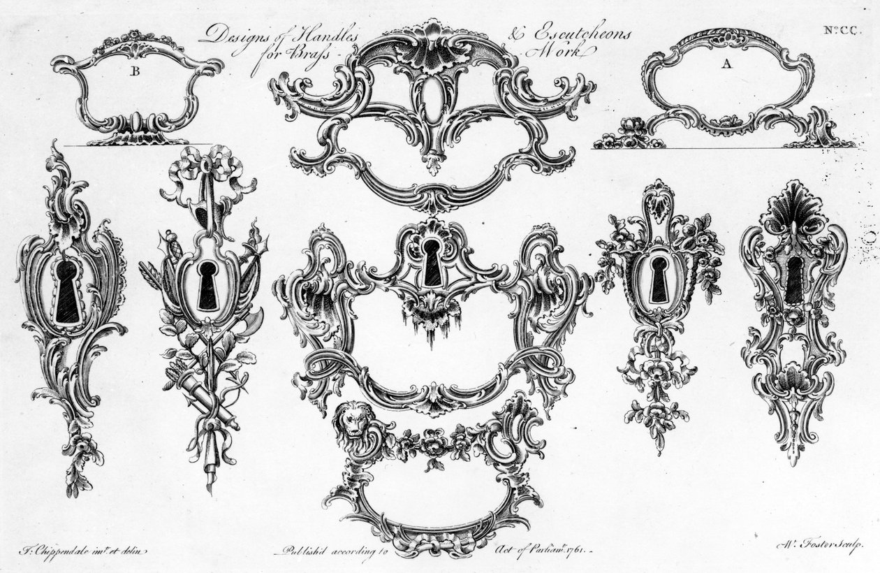 Pirinç İşi için Kol ve Rozet Tasarımları, baskı, W. Foster, 1761 by Thomas Chippendale