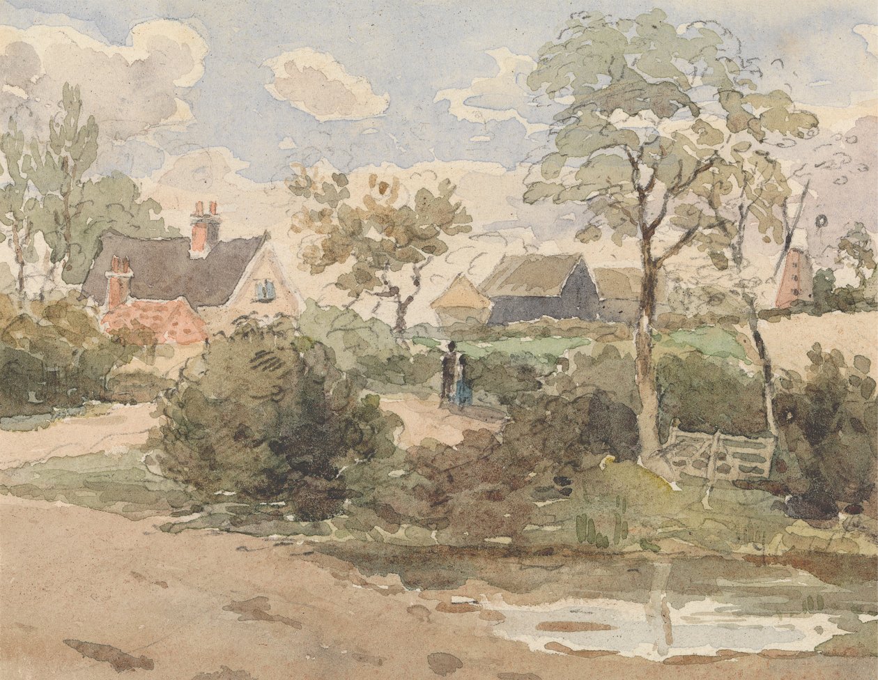 Kulübe, Yel Değirmeni, Ahırlar ve Ön Planda Gölet Olan Figürlerle Kır Manzarası by Thomas Churchyard