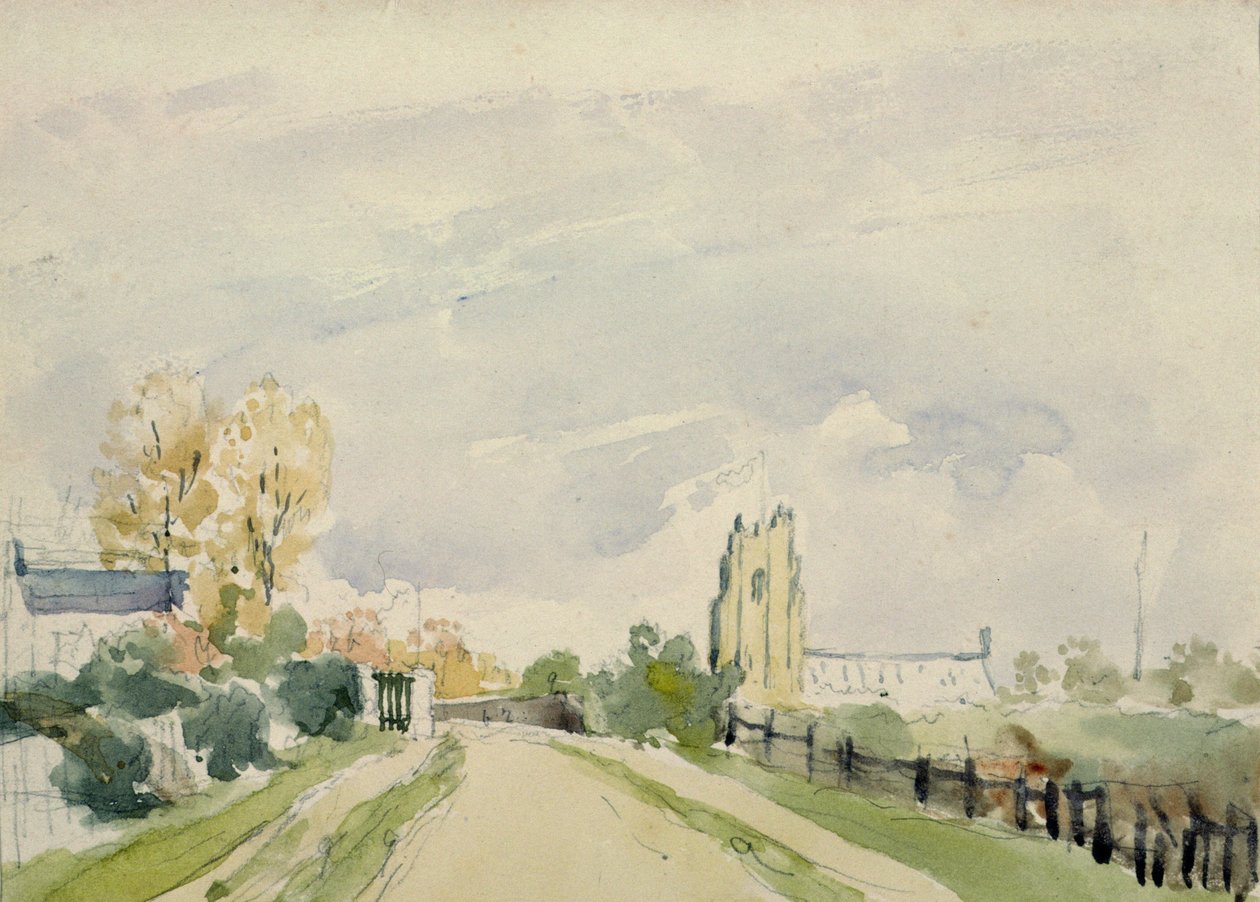 Suffolk Peyzaj, küçük bir Ev, bir Kilise ve Ağaçlar ile geniş bir Yol by Thomas Churchyard