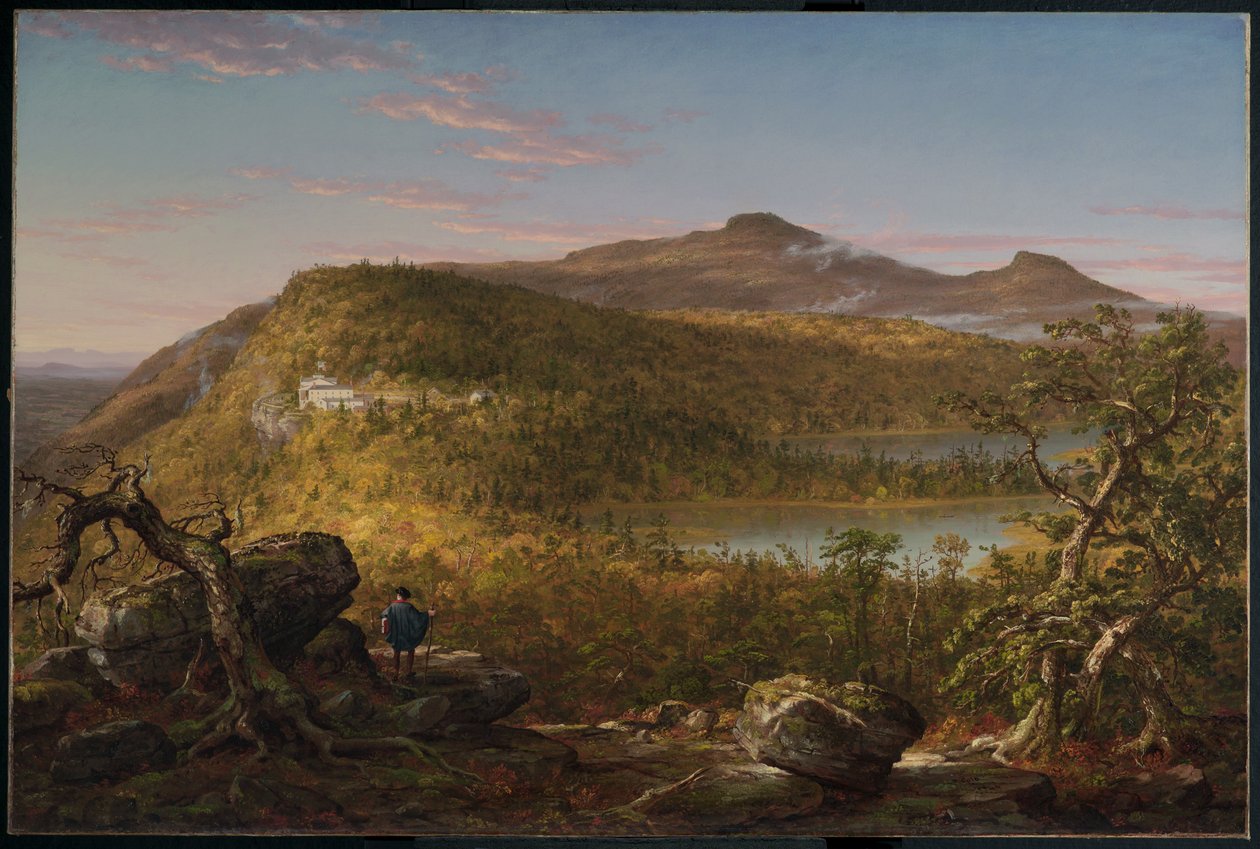 İki Göl ve Dağ Evinin Bir Görünümü, Catskill Dağları, Sabah by Thomas Cole